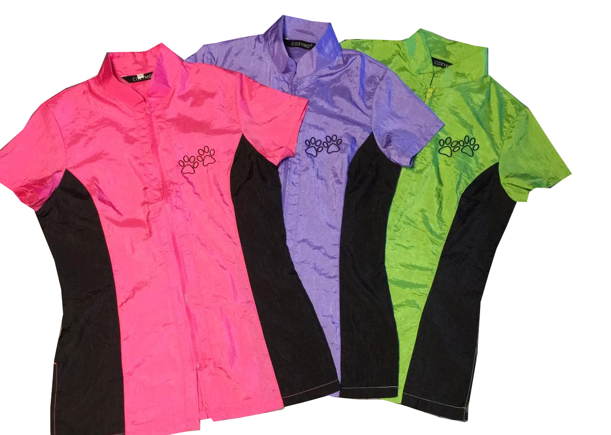 Grooming Front Zipper Two Tone Smock Fitted Embroidery Nylon