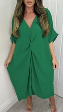 Womens Ladies V-Neck Tie Knot Twist Front Oversized Long Summer Smock Midi Dress