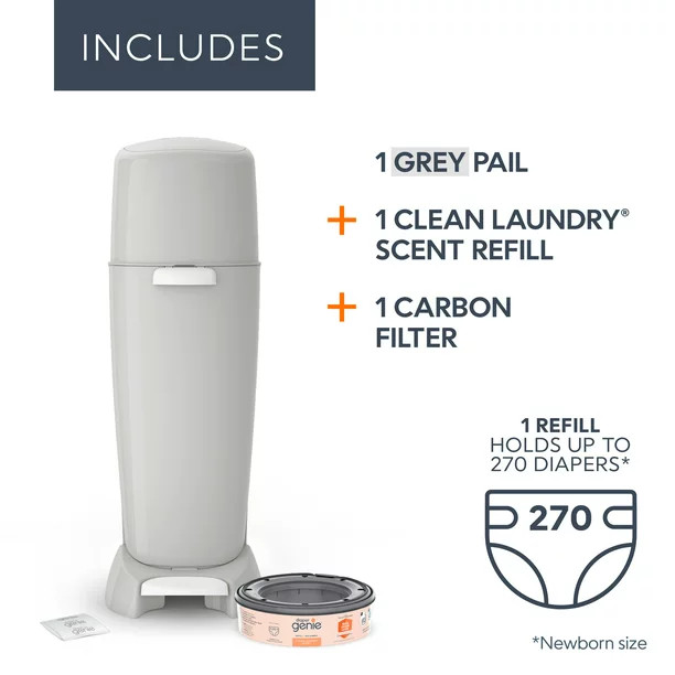 Diaper Genie Diaper Pail (Gray),1 Diaper Trash Can,1 Refill Bags,1 Carbon Filter
