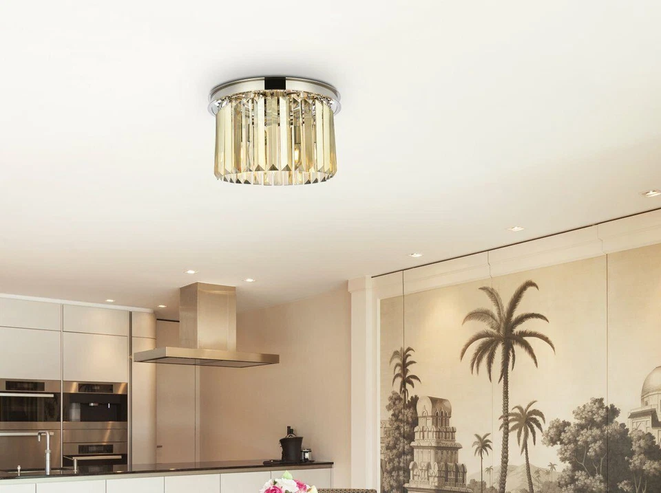 Chandelier Flush Mount 3 Light Fixture Polished Nickel 16in Golden Teak Crystal - Image 2 of 4