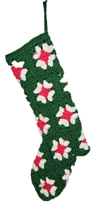 VINTAGE Christmas Stocking Granny Square Crochet Red Green White 15''