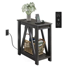 Narrow End Table with Charging Station of Open Storage Shelf, Sofa Side Table...