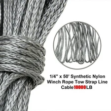 Gray 1/4"x50' 10000LBS Synthetic Winch Rope Line Recovery Cable 4WD w/ Sheath