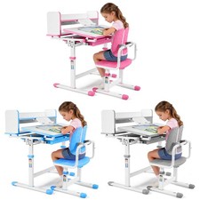 Height Adjustable Kids Study Desk Chair Set w/ Drawer, Bookshelf, Pink/Blue/Gray