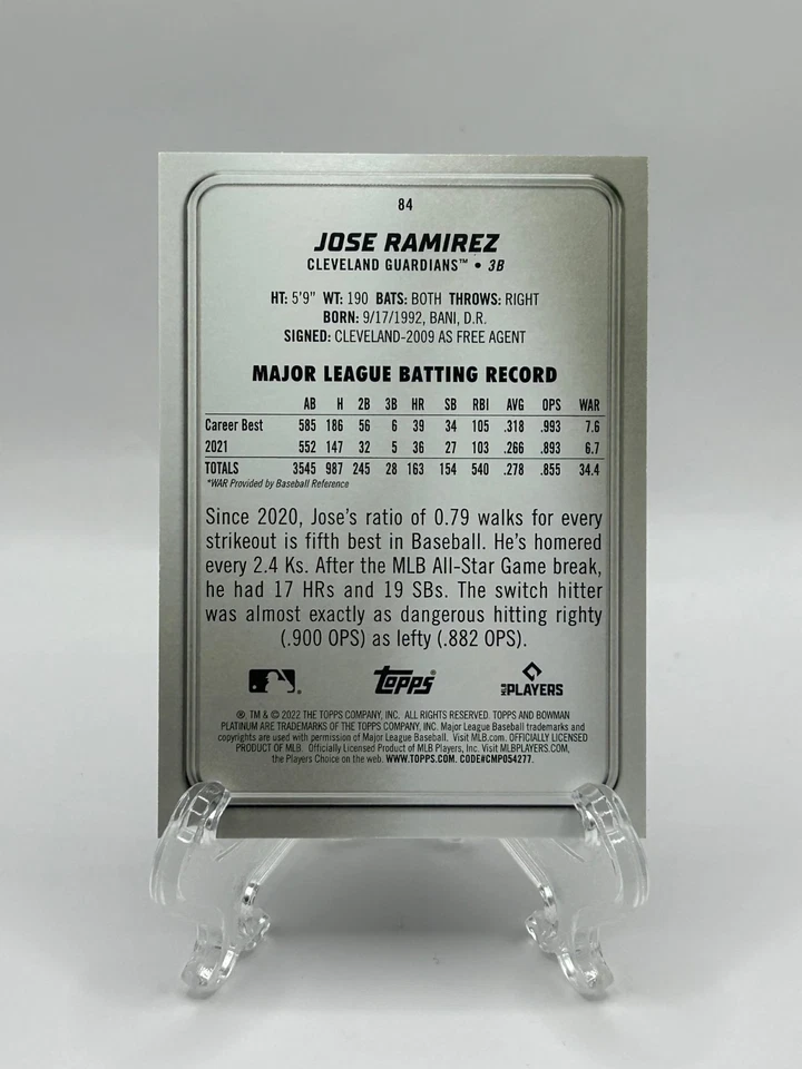 2022 Bowman Platinum - Jose Ramirez #84 Blue Foil Parallel # 27/150  - Image 2 of 2