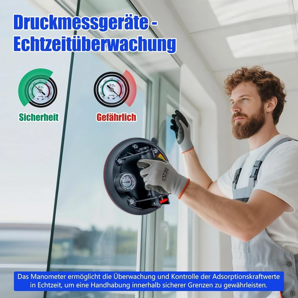 Saugheber Set aus Gummi mit Manometer 220kg für Glas Fliesen Marmor - Bild 4 von 4