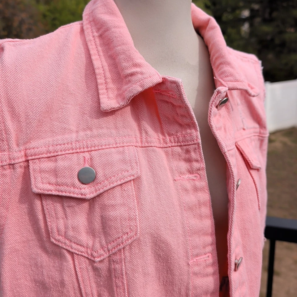 Chaleco de mezclilla para mujer XL rosa melocotón desgastado bolsillos abotonados mezcla de algodón Foto 2 de 4