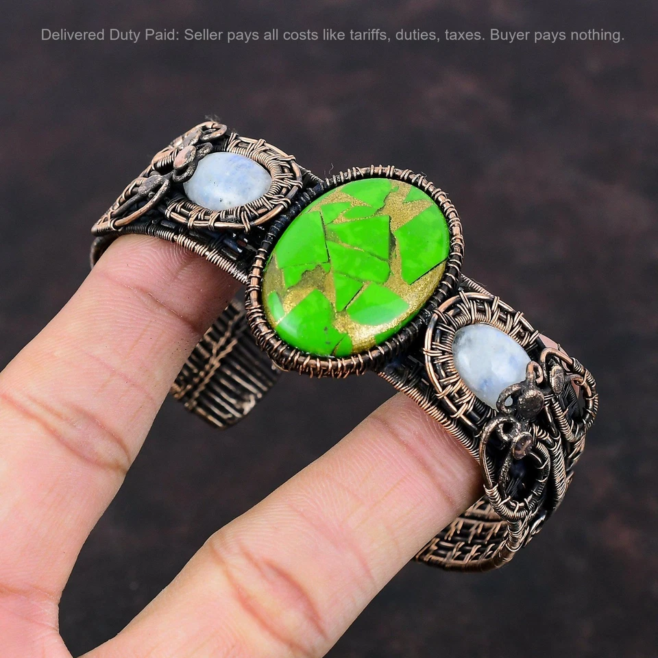 Brazalete Brazalete Hija Piedra Lunar Arco Iris Turquesa Verde Cobre Natural Cobre Foto 3 de 4