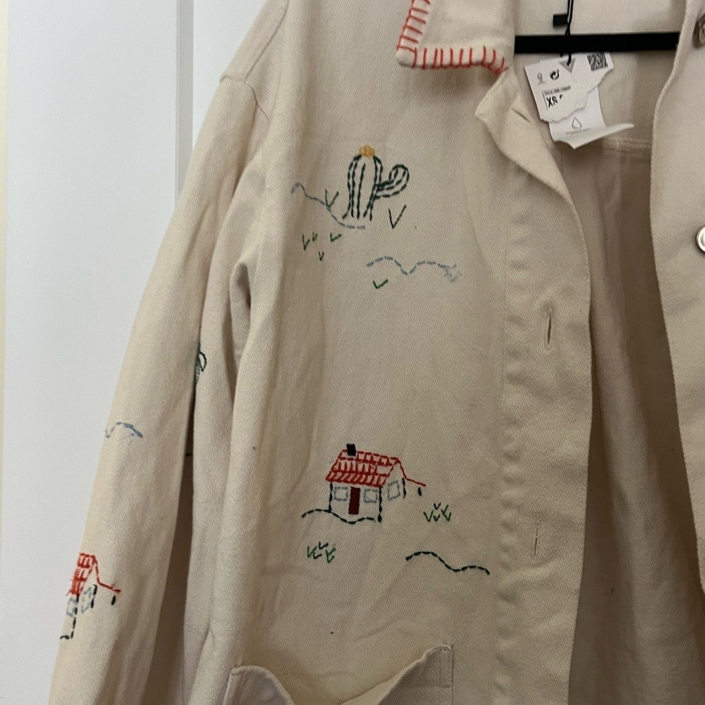NWT Zara Ecru 100% Cotton Embroidered Overiszed Chore acket Shacket Overshirt thumbnail 7