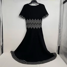 AZZEDINE ALAIA  Abstract PRINT BLACK WHITE FIT & FLARE DRESS 44 Short Sleeves