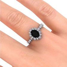 Halo Solitaire Engagement Ring 2.20ct Oval Cut Black Diamond 14K White Gold Over