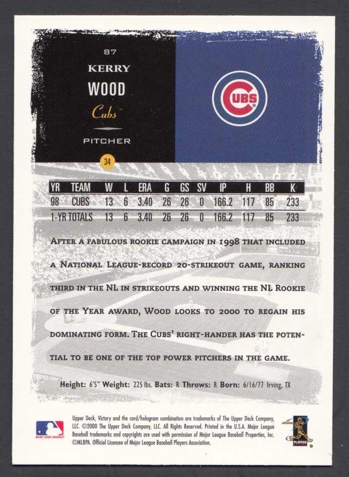 2000 Upper Deck Victory Baseball #87 Kerry Wood - Image 2 of 2