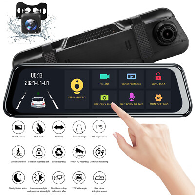 #ad 4K 10quot; Dual Dash Cam Car Rear Mirror View Backup Dual Camera Night Vision IPS $38.99