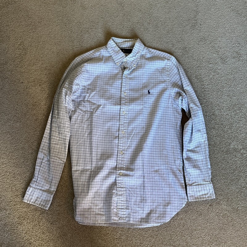 polo ralph lauren shirt men Blue White Checkered Pattern Long Sleeve Size 15.5