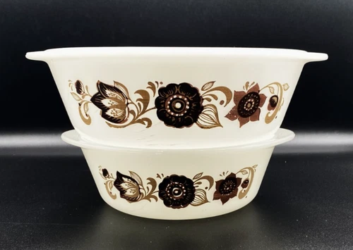 Vintage Glasbake Casserole Dishes 1 & 2 Quart Round Brown Floral Milk Glass