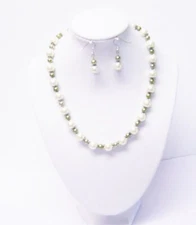 10mm Cream w/Dark Olive Glass Pearl Necklace/Earrings Set
