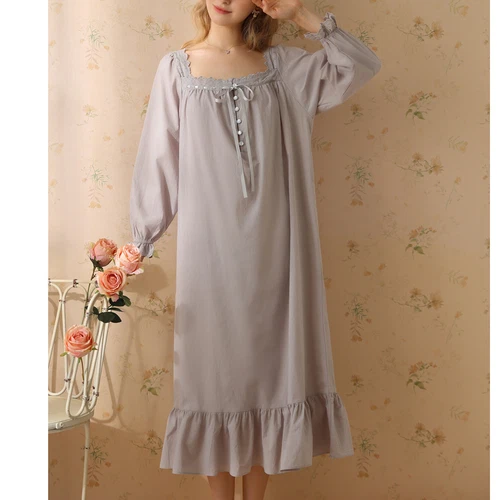 Women's Cotton Nightgown Princess Square Neck Long Sleeve Sleep Dress - Picture 7 of 53