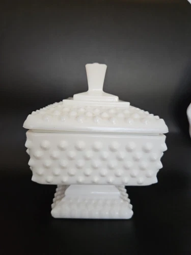 Vintage Fenton White Hobnail Pedestal Square Bowl & Lid Candy Dish 6.5 X 5x 5 "