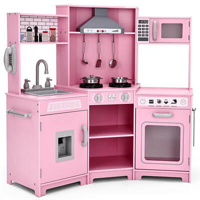 Pink Wooden Kids Pretend Play Kitchen Set Cooking Toy Girl Gift w/ Light,  Sound