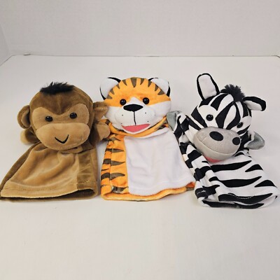 Zoo Animal Tiger Monkey Zebra Hand Puppet Pretending Play Plush Lot Of 3 Toys