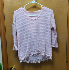 Women s Pink Solid Knit Hooded Tunic Sweater 3/4 Sleeve Crochet Hem M