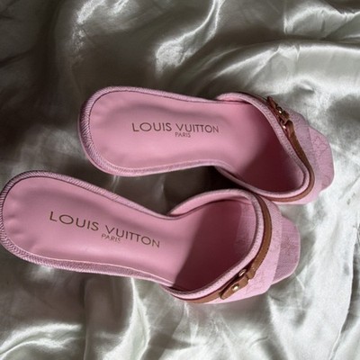 Louis Vuitton Women's Pink Denim Open Toe Kitten Mule Heels Buckle Logo 6