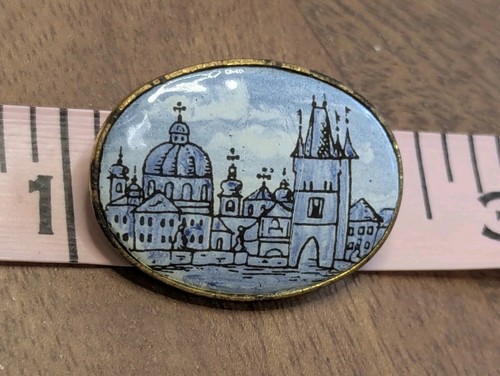 PRAHA PRAG handbemalte ovale Brosche Keramik Medaillon Czech Pottery blau - Bild 3 von 13