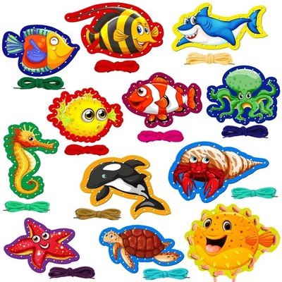 ZAUGONTW 12 Pcs Lacing Cards for Kids, Sea Animals Sewing with 12 Multi 