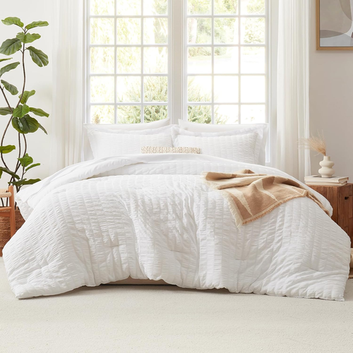 Queen Comforter Set White Seersucker 7 Pieces Bed in a Bag Queen Comforter Set w - Picture 3 of 12
