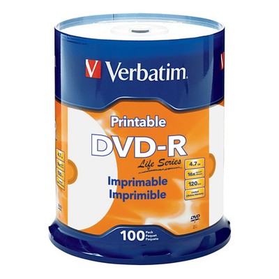Verbatim DVD-R 4.7GB 16X Life Series White Inkjet Printable, Hub Printable - 100