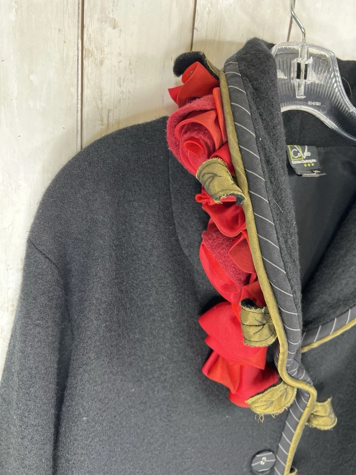 Chaqueta de lana hervida Covelo para mujer XL negra seda organza rosetas rosas arte Foto 3 de 4