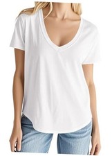 Women Short Sleeve V Neck T-Shirts Loose Fit Tops Summer Casual Medium White