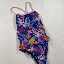 Speedo Swimsuit Sz 30 One Piece Racer Back Splice Lined Palm Trees Pink Blue