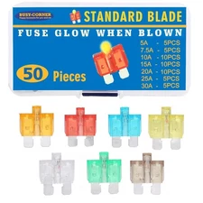 BUSY-CORNER 50 Piece Glow Fuse Standard Blade Automotive - Multicolored 