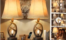 Rustic Farmhouse Antlers Bedside Table Lamp Set of 2 with Nightlight Brown-2