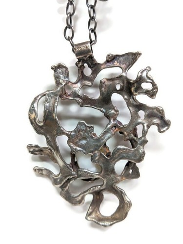 Silver Pendant Necklace White Agate Brutalist Abstract Artisan Scandinavian 830 - Picture 9 of 12