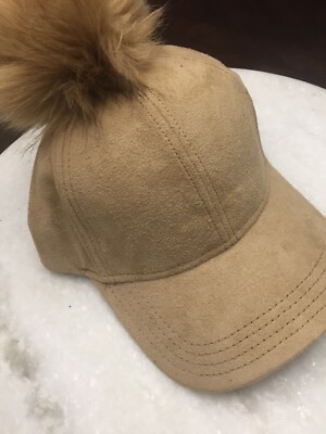 CUTE exclusions Taupe/Tan Baseball Cap W/ Faux Fur Pom