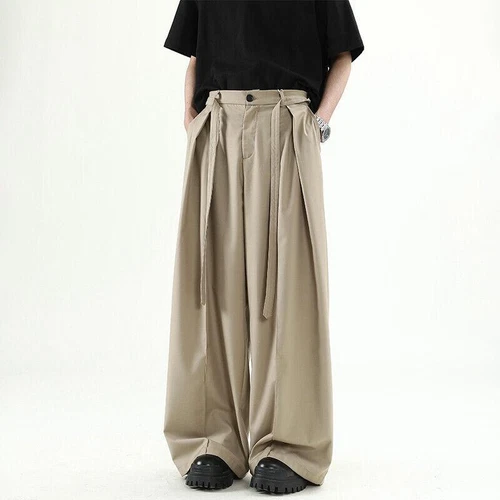 Men's Khaki Loose Wide-leg Trousers Casual Summer Pleated Pants  - Picture 13 of 16
