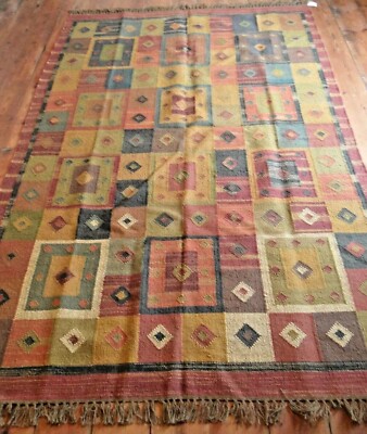 Neu 150x240cm INDISCHER KELIM KELIM Jute & Wolle Azteken Design HANDGEWEBT Carpet Rug