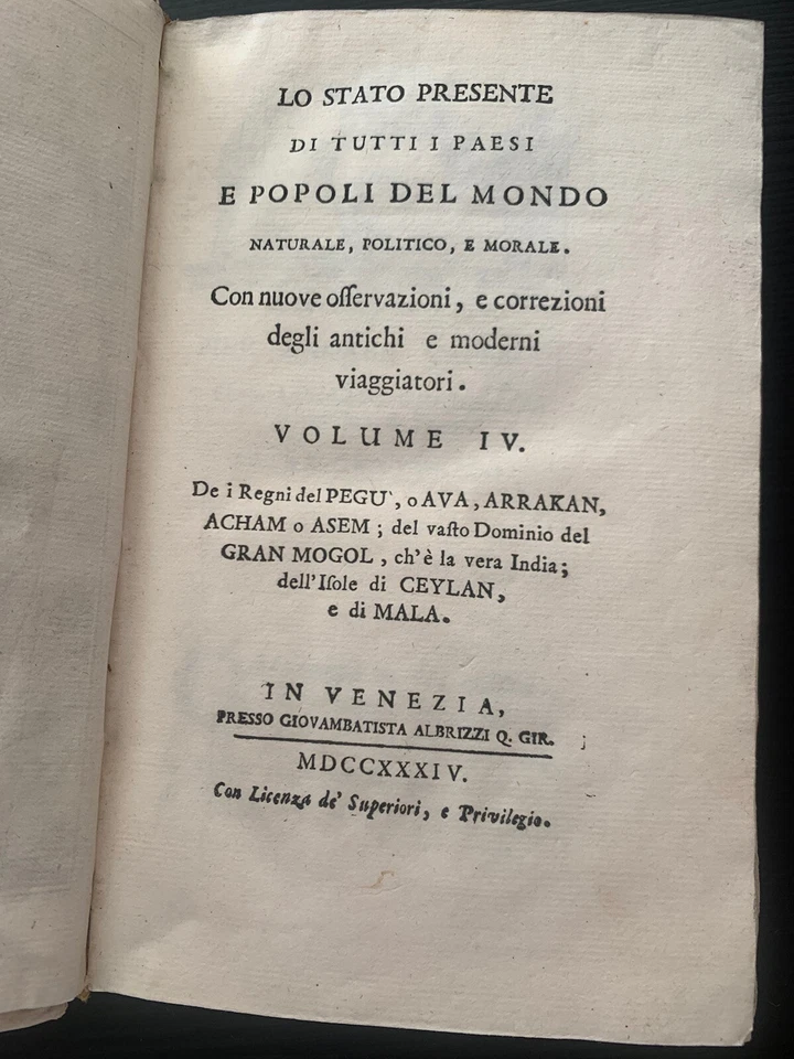 Tommaso Salmon Lo Stato Presente di Tutti i Paesi Vol 3 Indonesia India 1783 - Image 3 of 4