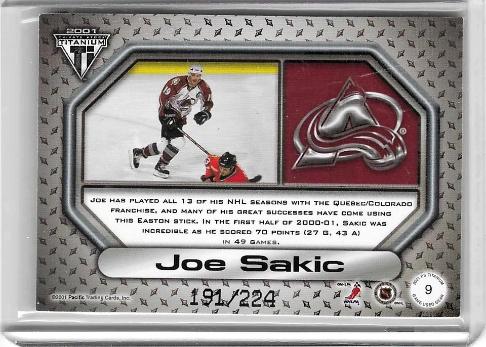 2000-01 PACIFIC STOCK PRIVADO TITANIO JOE SAKIC #9 USADO EN JUEGOS STICk 191/224 Salón de la fama Foto 2 de 2