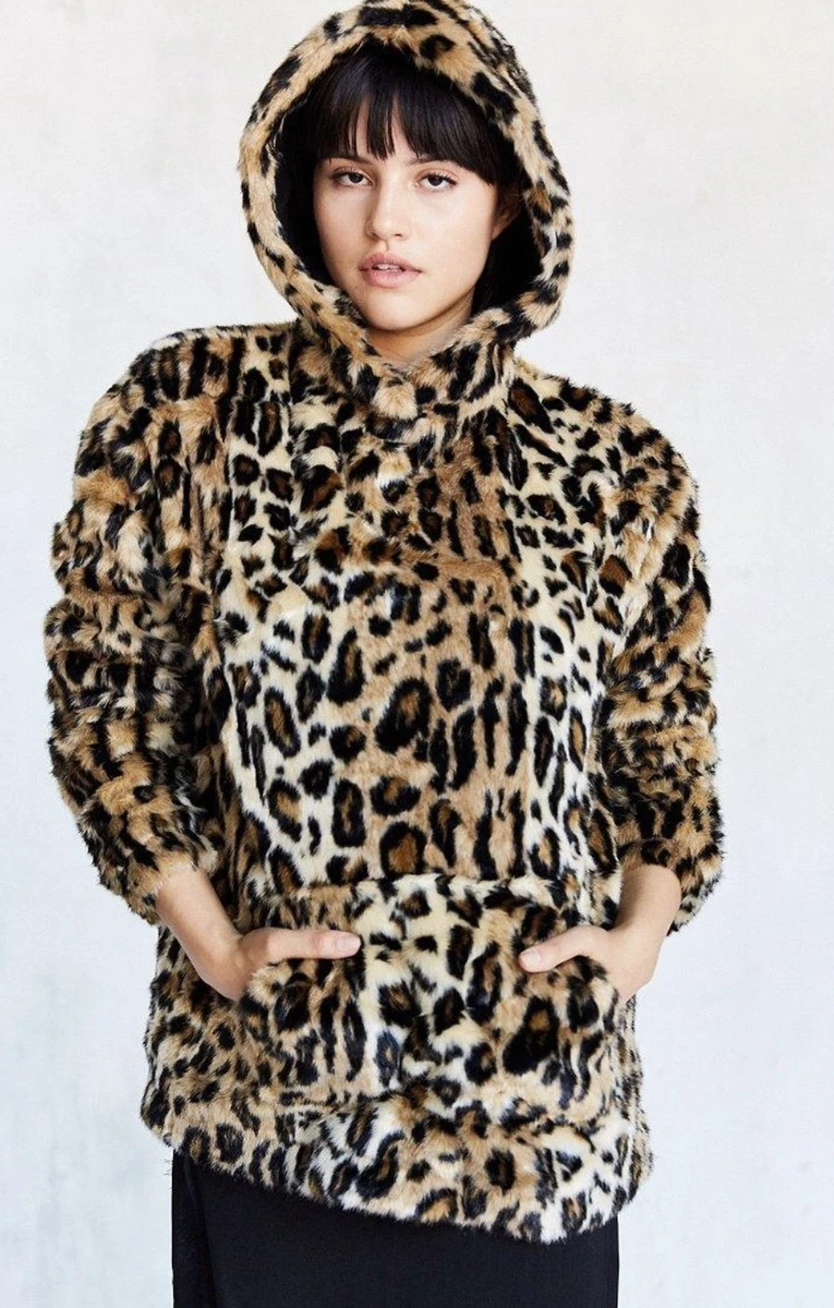 Urban Outfitters Leopard Faux Fur Hoodie Popover Pullover Coat