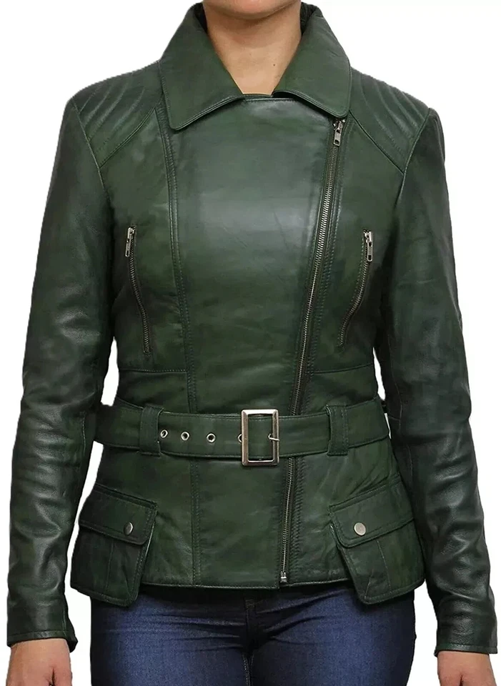 Стильная женская зеленая куртка из натуральной мягкой овечьей кожи мотоциклиста - Изображение 2 из 4