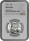 1951 50C Silver Franklin Half Dollar NGC Graded MS 63 FBL in New Holder