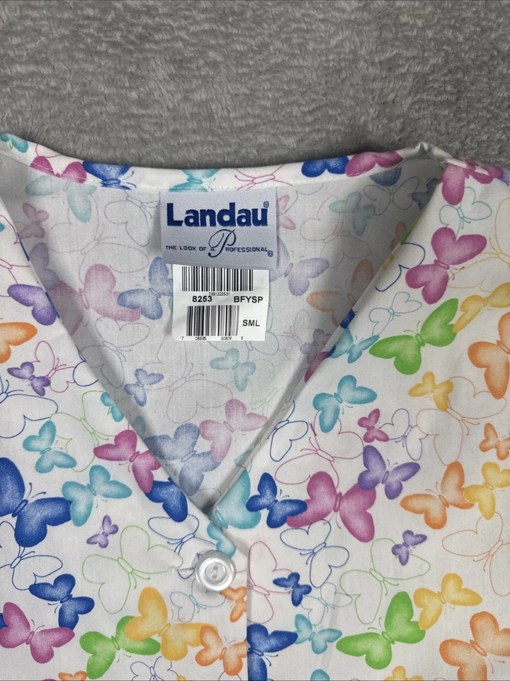 Landau Scrub Top Women’s Small V-Neck Colorful Butterfly Pattern Short Sleeve - Image 4 of 4