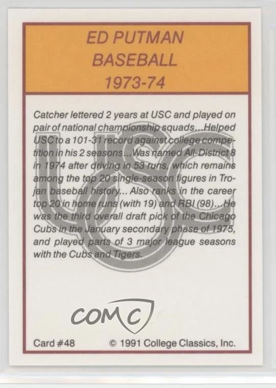 1991 Collegiate Classics USC Trojans All-Time Ed Putman Ed Putnam #48 - Image 2 of 2