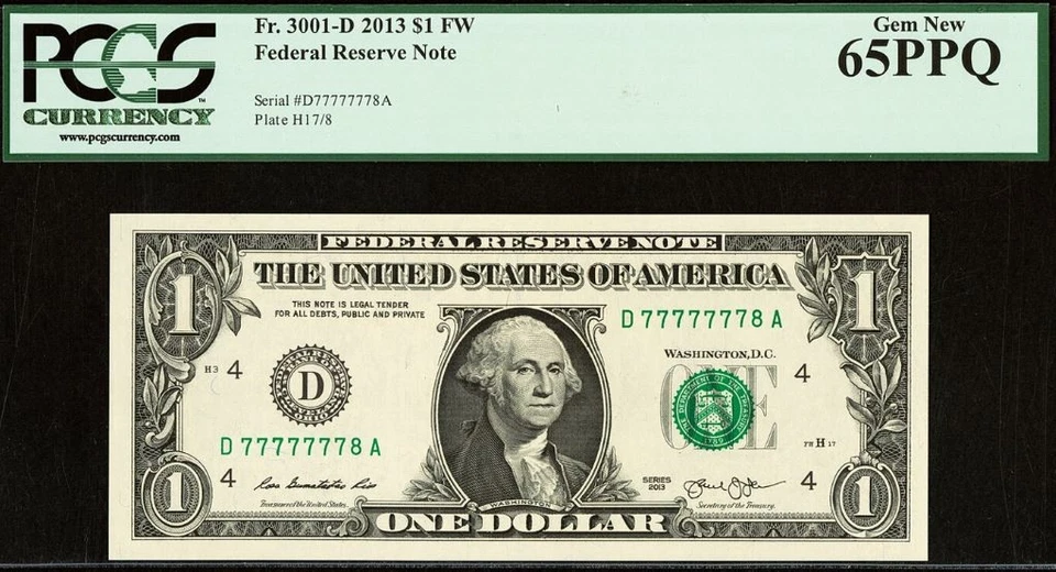 2013 $1 FRN PCGS 66PPQ - Near Solid Serial Number 77777776 & 77777778 - Image 4 of 4