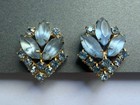Vintage Frosty Light Blue Navette Rhinestone Cluster Climber Clip On Earrings