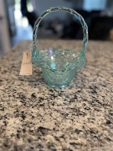 Vintage FENTON Iridescent Aquamarine Carnival Glass Basketweave Ruffled Basket