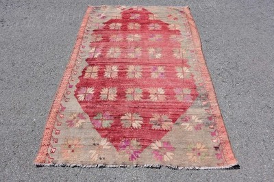 4,2x7 ft Rug, Turkish Vintage Rug, Red Southwestern Wool Rug